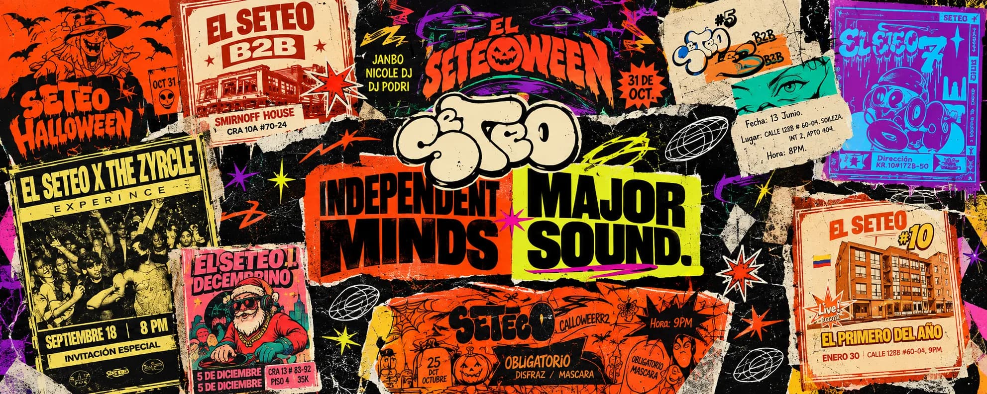 Seteo: Independent minds, major sound. Collage de flyers de El Seteo